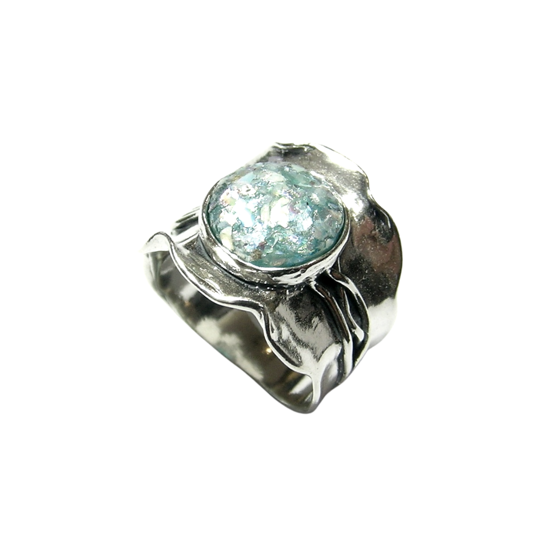 Vintage sterling silver artisan crafted roman glass popular open ring size 8.5